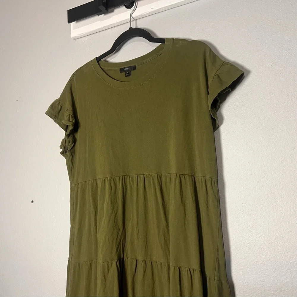 J. Crew Mini Dress Olive Green Tiered Cotton Short Sleeve Size Medium